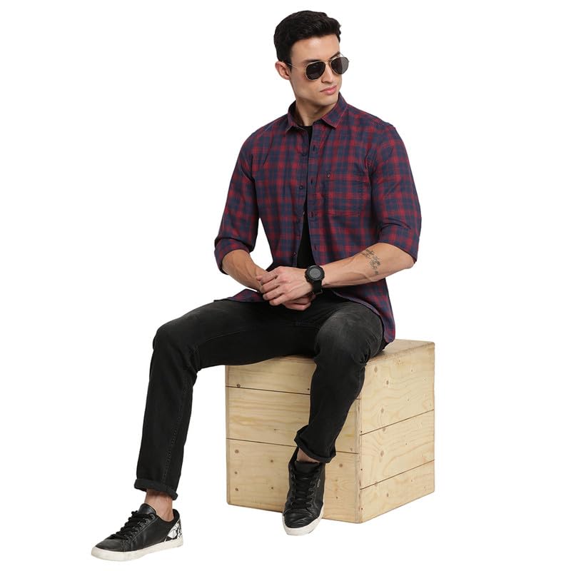 Image of Turtle Men 100% Cotton Navy Blue Checkered Slim Fit Full Sleeve Casual Shirt