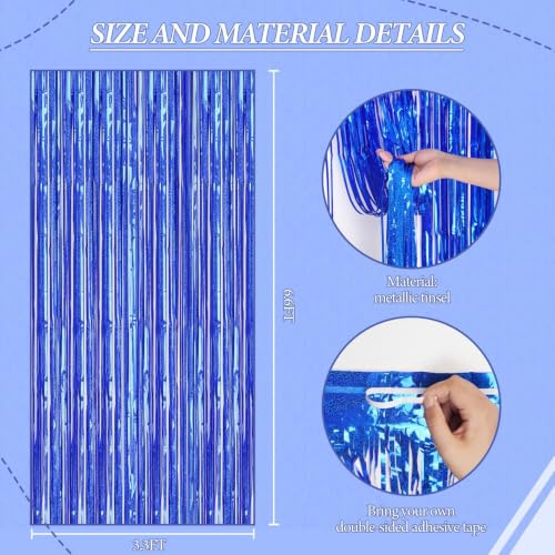Image of DECOCKRAT 2 Pack Foil Fringe Backdrop - Laser Royal Blue Shiny Tinsel Curtains for Party Decoration /Photo Booth Props - 3.3x6.6 FT Metallic Foil Backdrop for Birthday, Wedding, Graduation, Christmas.