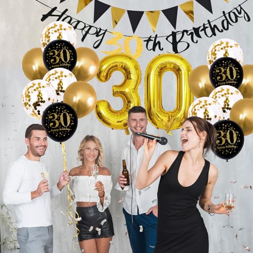 Image of Jobkoo 30th Birthday Decorations for Him, Black Golden 30th Birthday Party Decor Men Women Happy 30th Balloons Black 30th Banner Cake Topper Number 30 Balloon for Thirty Decoration