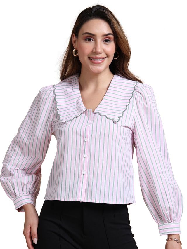 Image of Glam & Chique Women's Cotton Shirt with Scalloped Collar & Puff Sleeves XS- XL