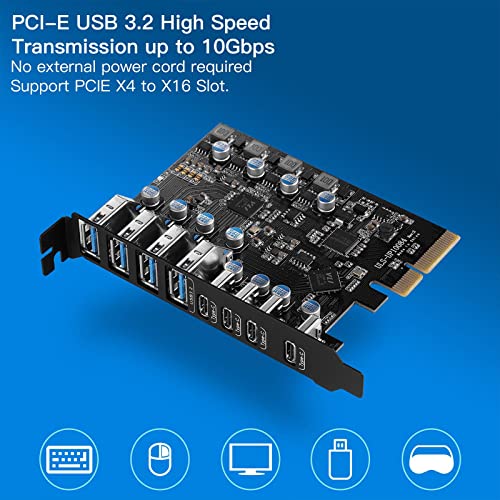 Carte d'extension PCI-E USB 3.0 8 ports pour ordinateur de bureau, hub PCIe type-C haute performance - 6