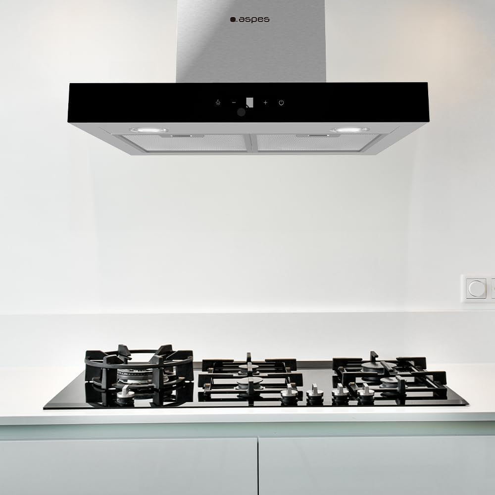 Aspes Campana Extractora Tipo T 60cm Cristal negro ACPT600AN. Potencia 800m3/h, Tiro Doble, 4 Velocidades, Control Táctil, Filtro apto para Lavavajillas.