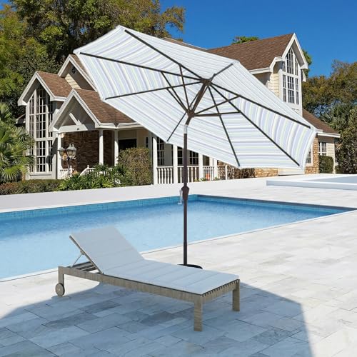 Image of 9FT Patio Umbrella with Solar Lights,Outdoor Market Umbrella with Tilt and Crank, LED Lighted Table Umbrella for Garden,Deck,Backyard,Pool,Beach (Blue Green Stripes)