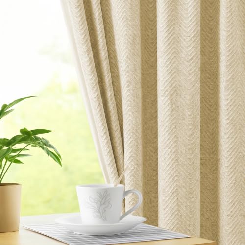 Image of LINENWALAS 100% Blackout Curtains for Window (5 Feet) - Set 2 Panels Linen Texture with Herringbone Pattern Complete Light Blocking with Thermal Insulated, Nose Reducing Backing (Golden Beige)
