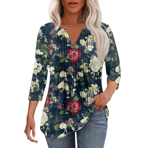 Cute Summer Tops for Women Vneck 3/4 Sleeve Dressy Blouse Floral Print Tops Dressy Casual Pleated Elbow Sleeve Shirts2