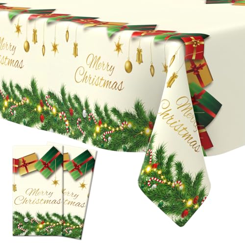 2 PCS Plastic Christmas Tablecloths(54x108 Inch) Rectangle Disposable White Green Holiday Xmas Table Cloths Cover Vinyl Merry Party Favors Supplies Decorations Bell Cane Tree Picnic Dinner Decor