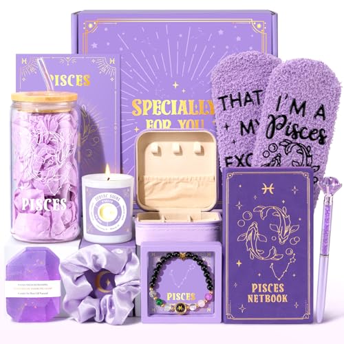 Pisces Birthday Gifts for Women 12PCS Purple Zodiac Gift Baskets for Women with 16 oz Pisces Glass Cup Candle Mini Jewelry Gift Box Unique Womens Birthday Gifts for Best Friend Her Mom Sister