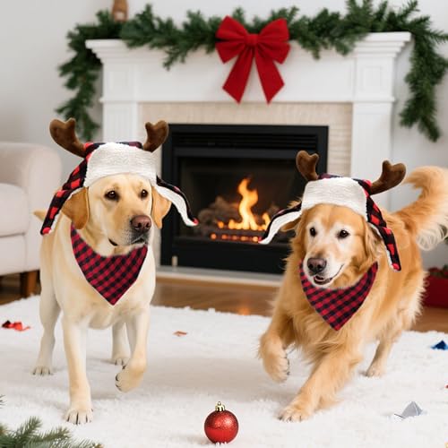 Disfraz de Navidad para perro con cuernos de reno y bufanda roja miniatura 4