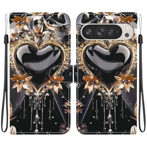 Étui Google Pixel 5 XL portefeuille à rabat cuir noir motif cœur doré pour smartphone