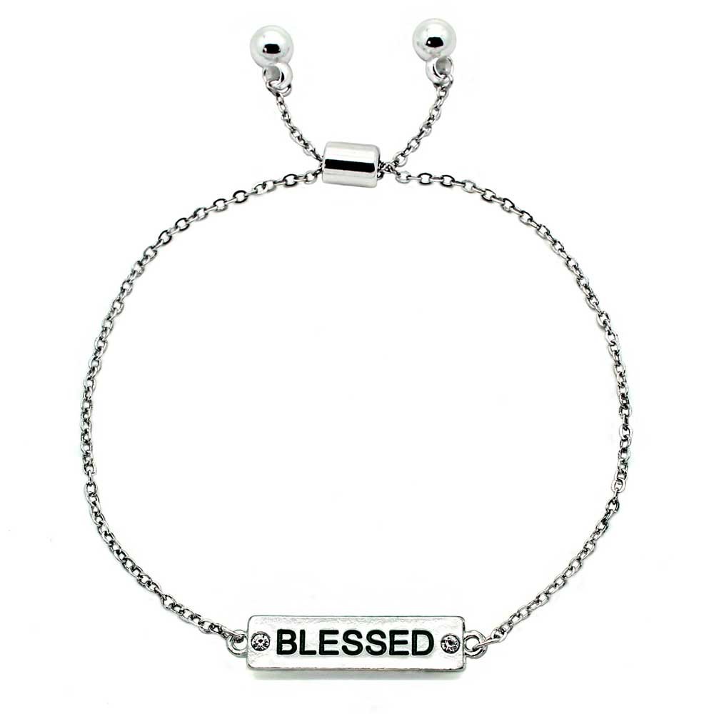 KIS-Jewelry Crystal Bar Pull Chain Bracelet - Inspirational Silver Plated Reversible Engraved Bar with Glitzy Color Crystals