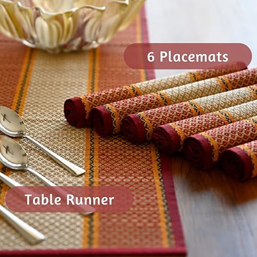 Image of Handmade River Grass Dining Table Mats Set of 6 Pieces & Runner | Heat Resistant Korai Grass Dining Mats | Natural Eco Friendly Madurkathi Placemats | Sangreal Maroon Tablemats