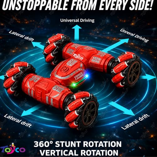 Image of toyco Remote Control Car Toy for Kids 4+ Years | Drift Rc Car 4x4 with 360 Stunt Rotation | Double Sided Driving, Omni Directional Wheels | USB Type-C Rechargeable | RGB LED Lights (Red 4x4 Drift)