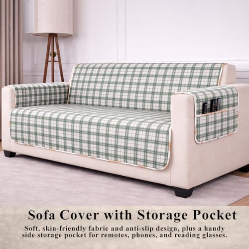Image of STITCHNEST 'Double Vie Collection Series' Cotton Quilted Reversible Sofa Cover 1 Seater with Arm Rest and Pocket | Size 24x60 Inch