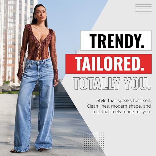 IT'S BASIC Straight Wide Leg Jeans for Women High Waisted, Relaxed Fit Trendy Womens Jeans Stretchy Denim Pants, Stonewashed3