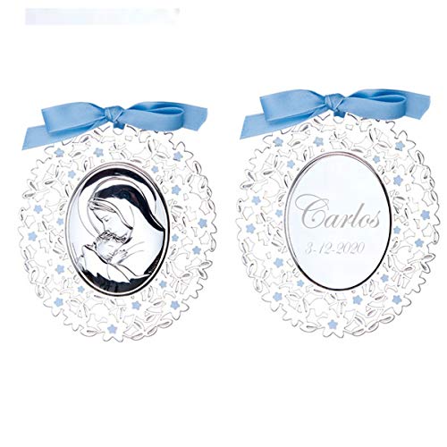 Medallon de cuna o carrito modelo virgen GRABADO personalizado con nombre del niño y fecha. AZUL