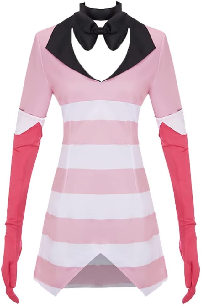 Hazbin Hotel Angel Dust Cosplay Costume Pink V Neck StripeDress Sweatshirt With Gloves Halloween Christmas Suit