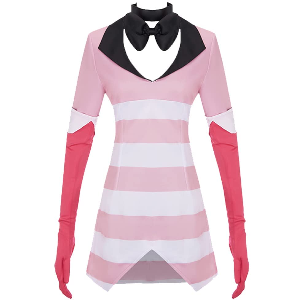 Hazbin Hotel Angel Dust Cosplay Costume Pink V Neck StripeDress Sweatshirt With Gloves Halloween Christmas Suit