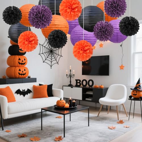 Image of 18 PCS Black Orange Purple Paper Lanterns & Tissue Paper Pom Poms for Halloween Birthday, Wedding, Hanging Paper Party Decoration Set for Indoor Outdoor Fall Celebration