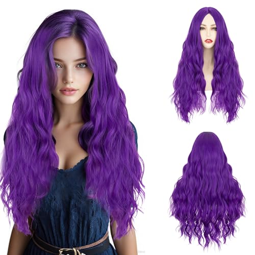 Image of S-noilite Long Purple Wavy Wig for Women 27 inch Middle Part Curly Wavy Wig Heat Resistant Synthetic Hair Seamless Hairline Colorful Anime Cosplay Wigs Halloween Costume Party