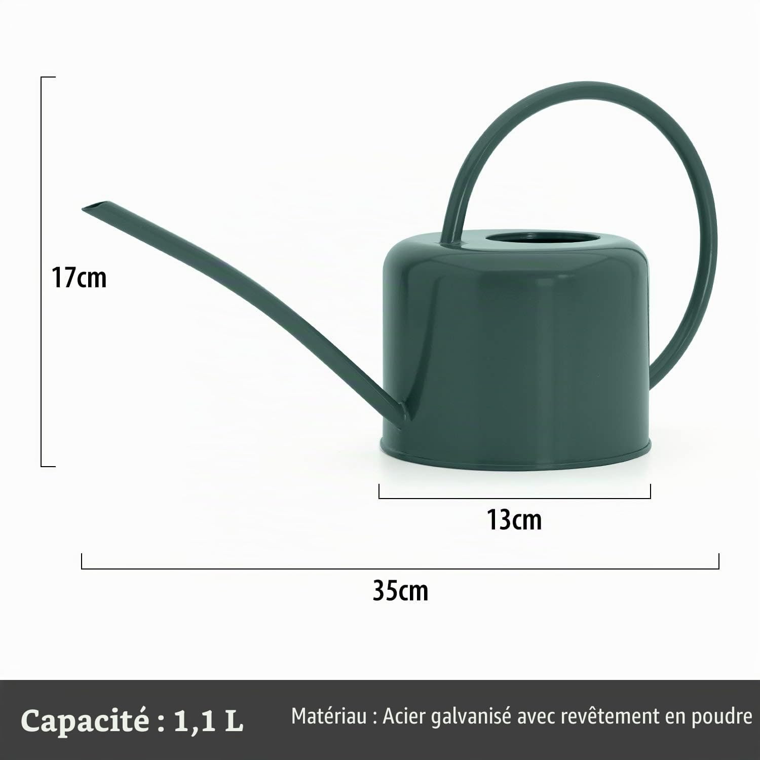 CKB LTD Petit arrosoir d'intérieur de 1,1L en acier galvanisé avec revêtement en poudre de couleur craie, pour plantes d'intérieur design contemporain en métal avec bec étroit et poignée haute (vert)