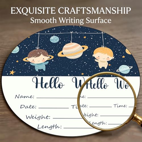 Image of Birth Announcement Sign Hello World Baby Name Wood Space Theme | Round Wood Plaque with Stars & Space Design, Custom Name Date Weight Length Great for Nursery Wall Baby Shower Gifts
