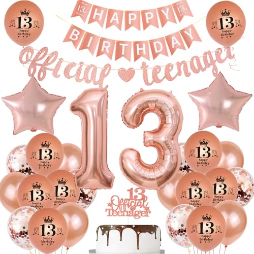 Hopewey Decorazioni Compleanno 13 Anni Ragazza Oro Rosa: Palloncini 13 Anni, Striscioni Happy Birthday e Official Teenager, Topper per Torta, Nastro per Palloncini