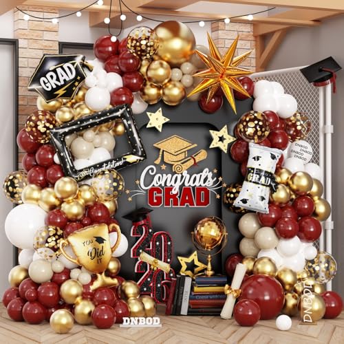 Image of 141Pcs Ruby Red Gold White Graduation Balloon Garland Arch Kit,with Explosion Star,Diploma,Trophy,Grad Hat,Photo Frame Foil Balloon for Congrats Class of 2026 Graduates Celebration Party Decoration