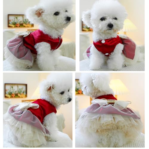 Image of HDKUW Small Dog Dress, Girl Puppy Lace Princess Skirt Tutu Dress with Bowknot,Chihuahua Yorkie Clothes Outfit for Birthday Wedding Party Red XL