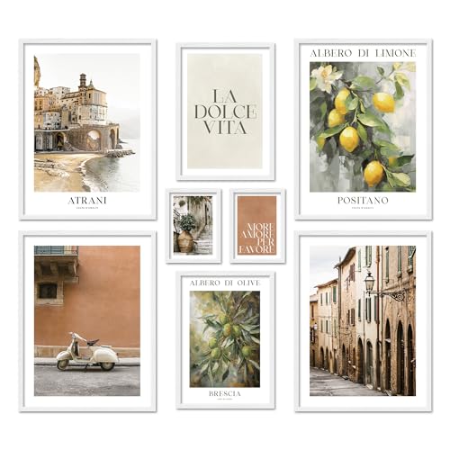 ARTFAVES® - Lot d'affiches - LA DOLCE VITA ITALIE - Décoration murale 8 affiches modernes Italie, Méditerranée, Toscane, vert, terre cuite - sans cadre