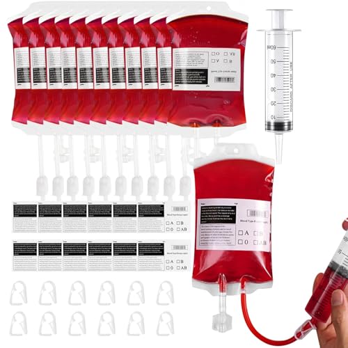 Cuicany 12 peças saco de sangue de Halloween, saco de beber sangue Halloween, 350 ml, reutilizável, com clipe, autocolantes, reutilizáveis, decoração de terro, para Cosplay, festas, acessórios