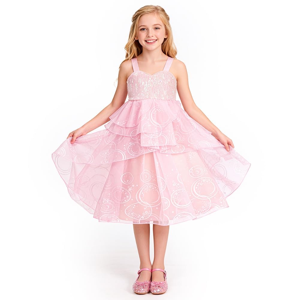 Costume Glinda Principessa Bambina, Costume da Rosa Strega per Bambini 5-12 Anni, Ragazze Rosa Tulle Abito di Glinda con Paillettes con Corona e Bacchetta Magica per Halloween Carnevale