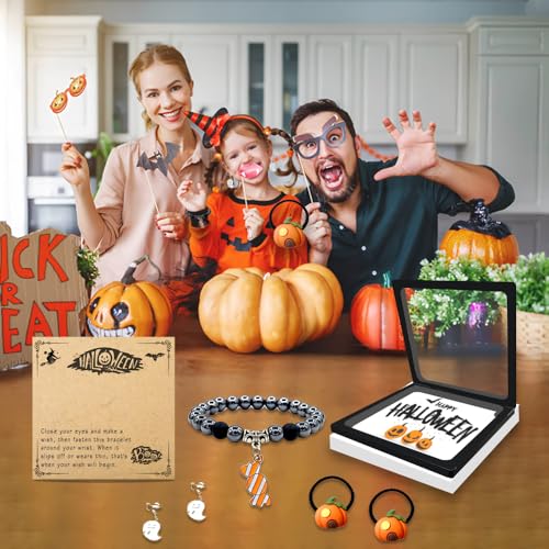 Image of Halloween Bracelet Set with Pumpkin Hair Rope, Ghost Ear Clip - Perfect for Girls' Halloween Party Favor or Trick or Treat Present