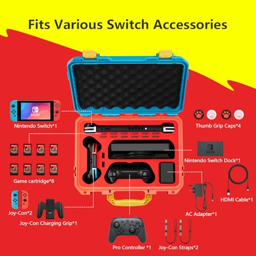 T TICCI Hard Case for Nintendo Switch/Switch OLED, Heavy-Duty EVA Protective Shell, Fits Console with Case, Pro Controller, 12 Game Cartridges, Blue&Red - Image 3