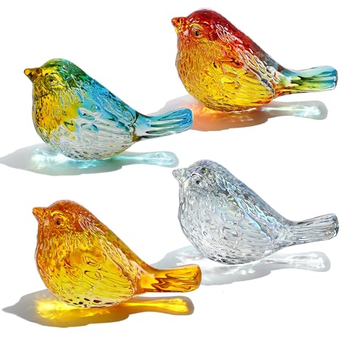 HDCRYSTALGIFTS 4pcs 3'' Crystal Bird Figurines Collectible - Elegant Art Glass Animals Gift for Bird Lovers Women, Home/Office Desk Decor, Colorful