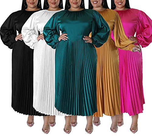 Women's Plus Size Maxi Dresses 2023 Fall Lantern Long Sleeve Flowy Swing Pleated Maxi Dresses 5
