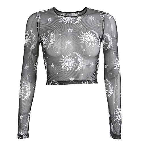Pannow Blusa de Malla de Manga Larga Transparente para Mujer, Color Negro Gris Gris M