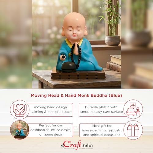 Image of eCraftIndia Little Cute Buddha Monk Feng Shui Showpiece for Home Decor Office Car Dashboard | Moving Head and Hand Monk Buddha Statue for Positive Energy Money Luck Prosperity Gift (Plastic, Blue)