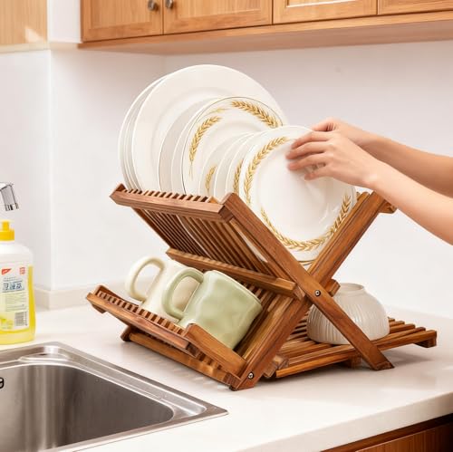 Utoplike 3 Tier Collapsible Teak Wood Dish Drying Rack, Foldable Large Capacity Dish Draine, Space-Saving Countertop Kitchen Organizer for Plates, Cups - Image 3