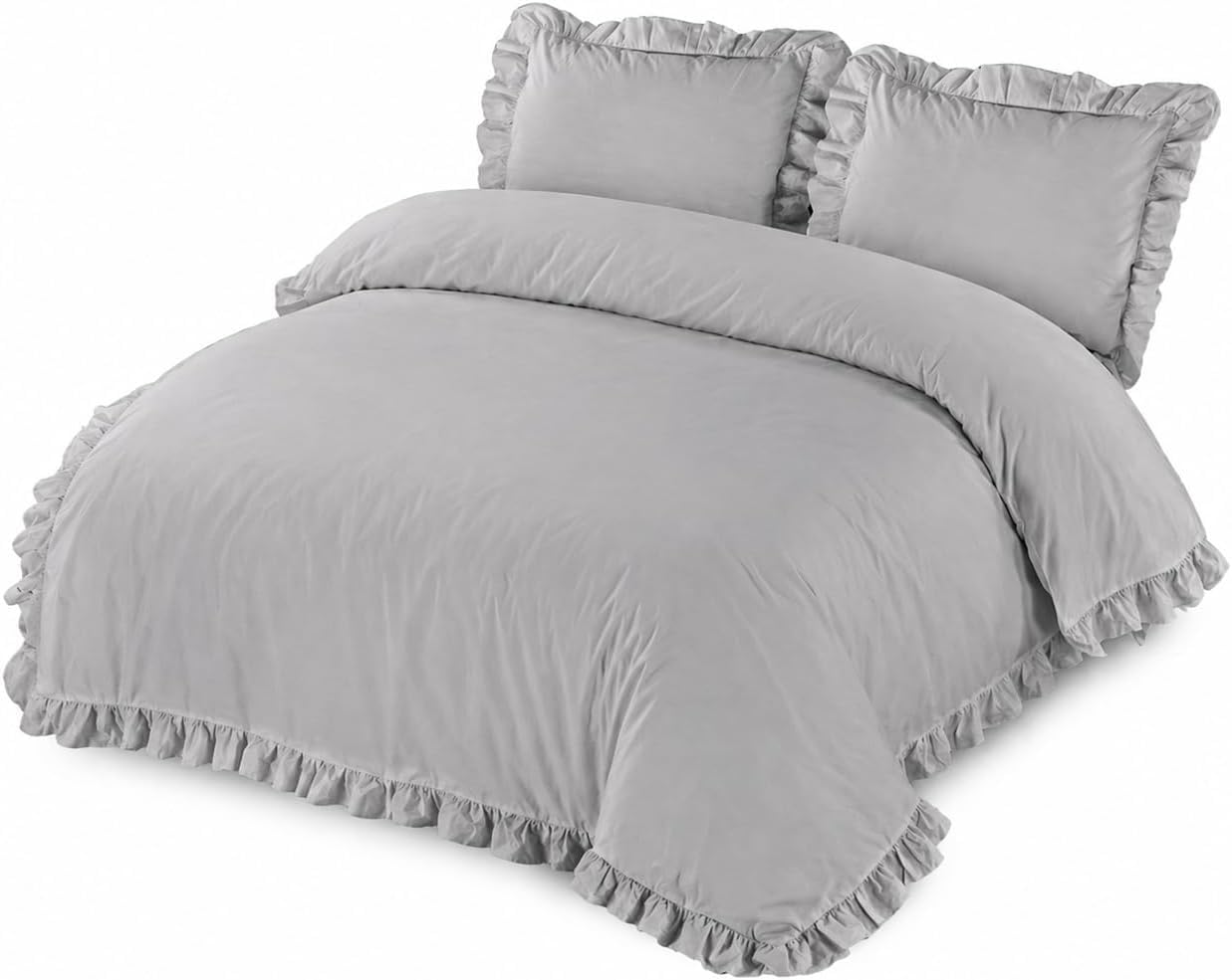 Homes-Linen Silver Santiago Frilled Duvet Set Easy Care Polycotton Plain Dyed Frill Duvet Cover Set (Double, )