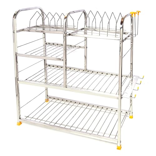 Image of Stainless Steel Wall Mount Kitchen Racks | Dish Rack with Cutlery and Plate Kitchen Stand | Modular Kitchen Bartan Stand | Kitchen Organizer Items (24 X 24 Inch) Wt-4.5kg, Corner Shelf