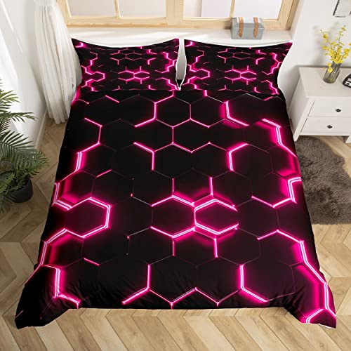 Pink and Black Print Duvet Cover Hexagonal Bedding Set Kids Boys Teens Honeycomb Decor Comforter Cover Beehive Simplistic Geometric Bedspread Cover Bedroom Collection 3Pcs King Size