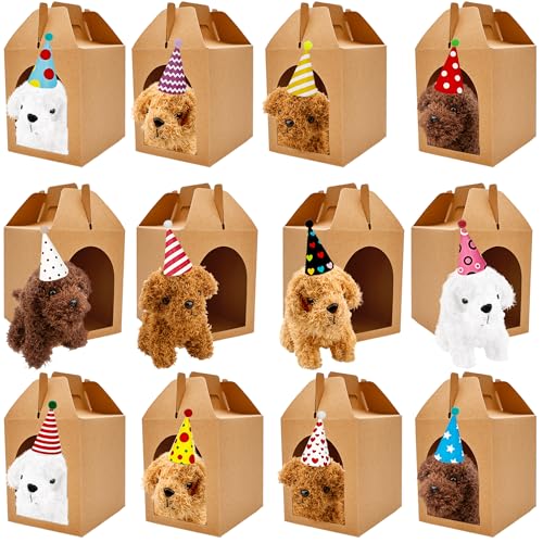 Haconba 36 Pcs Adopt A Teddy Puppy Party Favors with 12 Mini Plush Teddy Dog Stuffed Animals 12 Pcs Birthday Hats and 12 Pcs Kraft Paper Boxes for Adopt Pet Theme Birthday Party Supplies