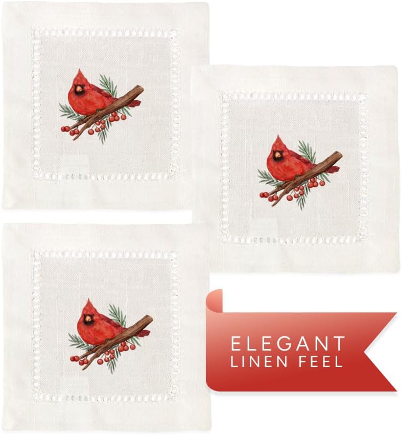 Miniatura 3 de Jolitee Juego de 6 elegantes servilletas de cóctel de lino con diseño cardenal rojo, 6 x 6 pulgadas, calidad premium, fácil cuidado, lavables a