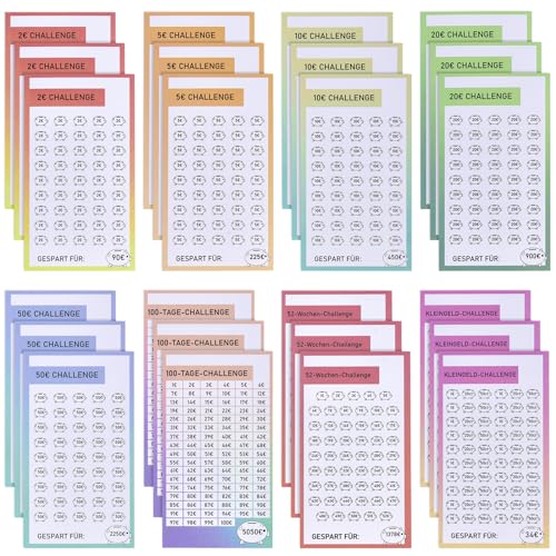 [24er Set]- LVZONGXIN A6 Sparchallenge Budgetplaner- 8 Sparchallenges - Budget Planner Deutsch Zubehör - Spar Challenge Set mit 2€ | 5€ | 10€ | 20€ | 50€ | Kleingeld | 52 TAGE | 100 TAGE