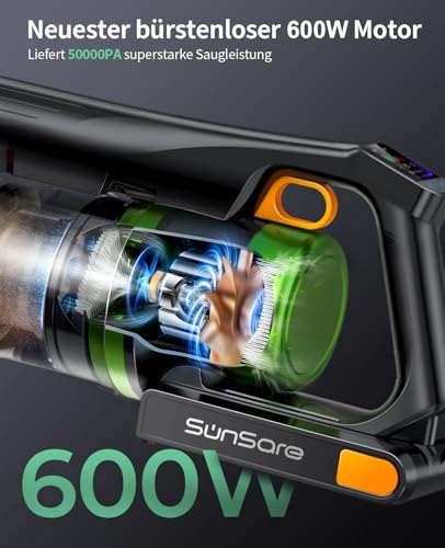 SunSare Akku Staubsauger Kabellos 600W/50000Pa/65Min, Akkustaubsauger mit HD Display, Aromatherapie,Anti Haar Wrap,Ultraleise kabelloser Staubsauger für Tierhaare/Teppiche/Hartböden/Auto – Bild 5