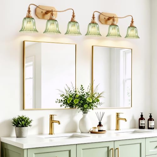 Image of LmnLvn Vintage Gold Bathroom Vanity Light, 3-Light Green Crystal Glass Shade