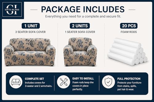 Image of Gifts Island Sofa Cover 3 Seater and 2 Seater Fully Covered Universal 5 Seater Sofa Cover Non-Slip Sticky Elastic Stretchable Sofa Set Slipcover Protector for (3+1+1 Seater), Beige Damask