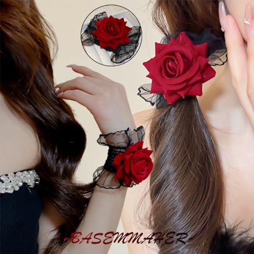 Gothic Rose Lace Gloves Hand Sleeve Black Lace Elastic Bracelet Wine Red Flower Wrist Cuff Dress Accessories for Women Girls Wedding Halloween Prom Masquerade Party Clothing 1 Pair4