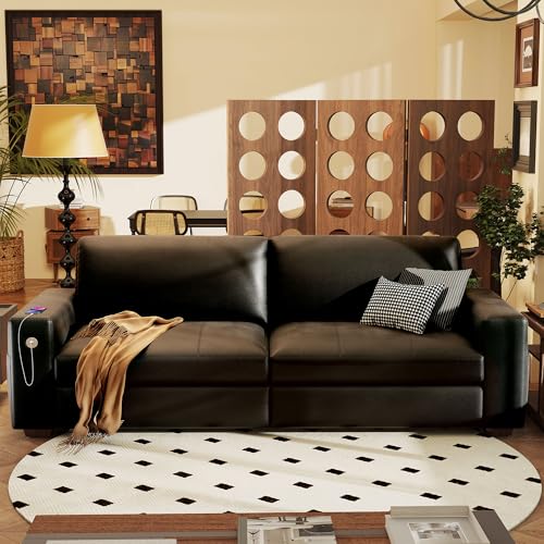 Faux Leather 89' Sofa for Living Room, Modern Comfy Couch with Medium Firm Seat Cushion, Removable Cover,Wide Armrest,USB/Type-C Port,Couches for Small Space,Apartment