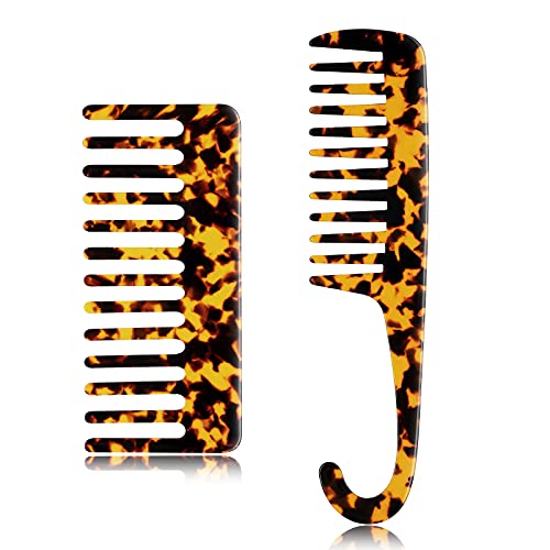 2 Pieces Hair Detangling Comb, Wide Tooth Comb for Curly Hair Combs for Women Detangler Comb for Wet and Dry with Hook Celluloid Wide Teeth Travel Pocket Comb Detangler Shower Combs